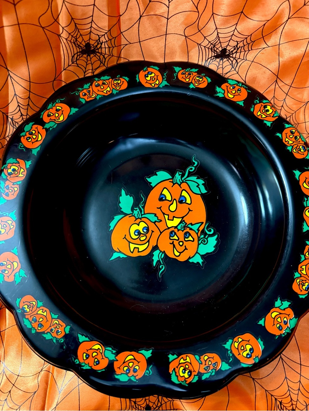 🔥VTG BERMAN INDUSTRIES Halloween Candy Dish Bowl Black Orange Pumpkins Kitsch